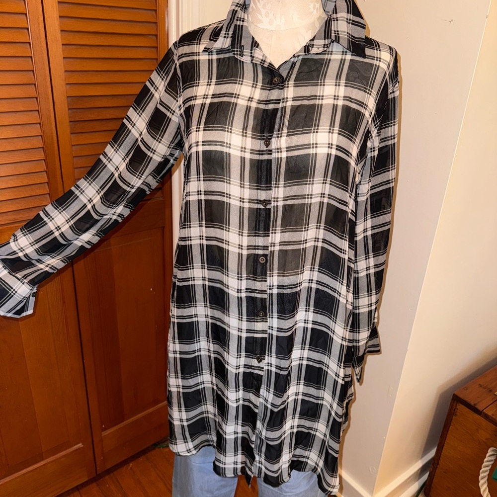 Sheer Plaid Button-Up